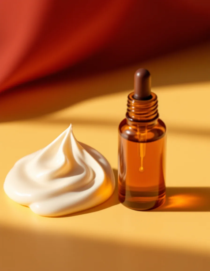 Painted close-up of a fingertip pressing into whipped balm in an amber jar, on a glowing back-lit glass sheet with a dropper beside it.