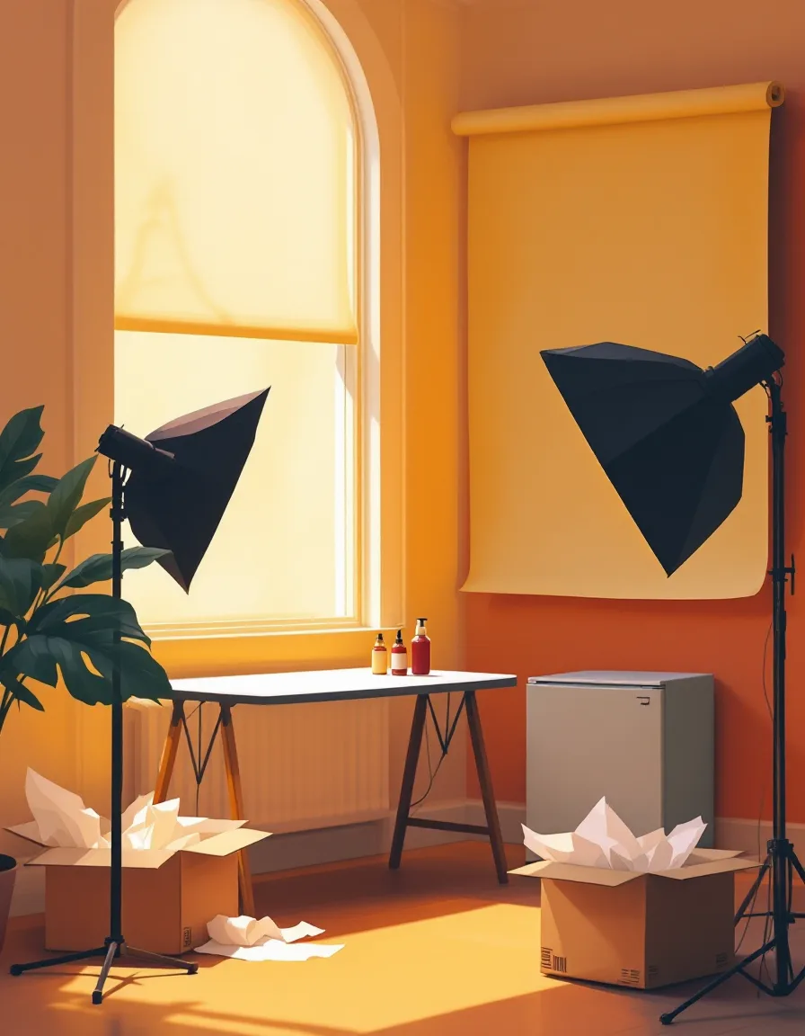Painted interior of the Dovella studio: window light, hanging seamless rolls, a back-lit glass table with three bottles and an open mailer box on the floor.